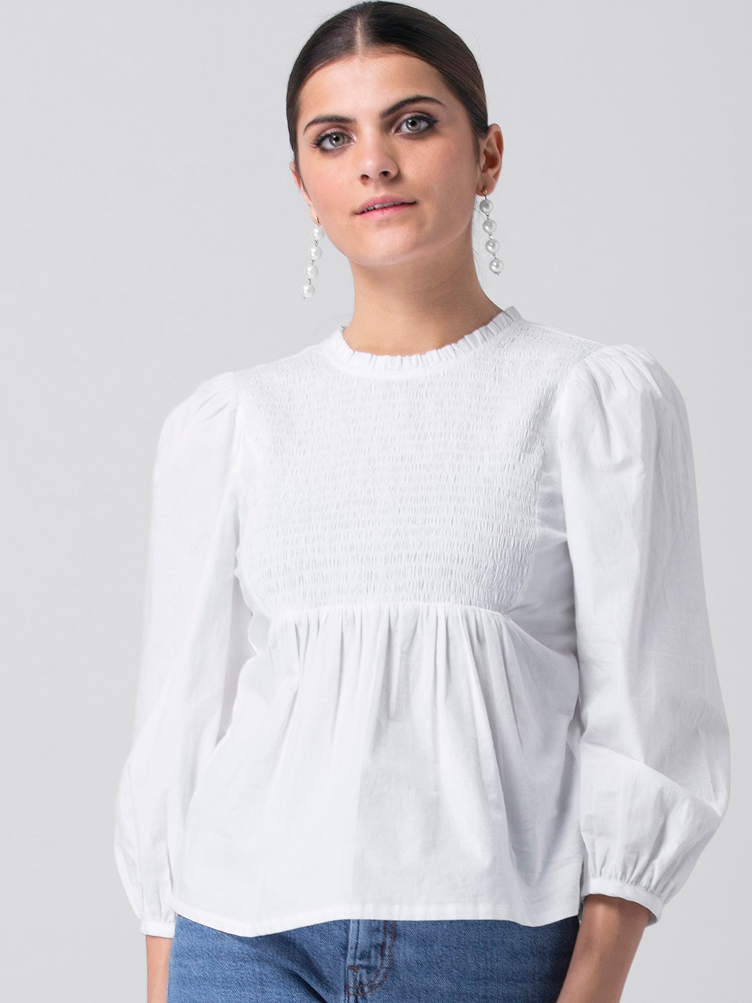 

Faballey White Puff Sleeves Pure Cotton Peplum Top