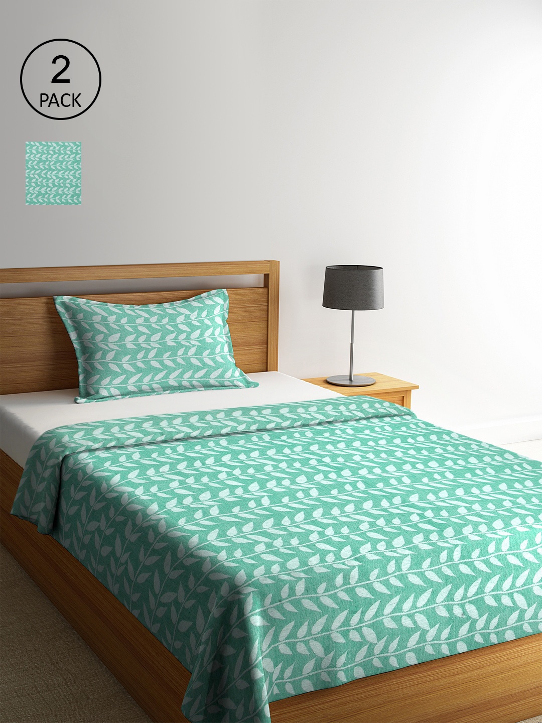 KLOTTHE Set of 2 Green & White Floral Single Bed Covers With 2 Pillow Covers