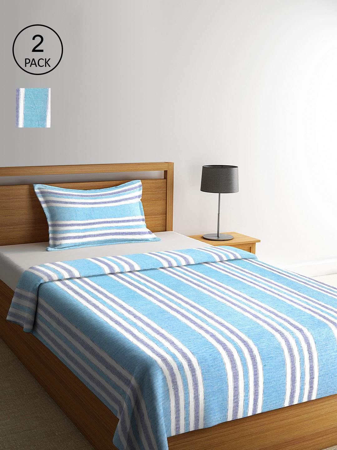 

KLOTTHE Set of 2 Turquoise Blue & White Striped Single Bed Covers With 2 Pillow Covers