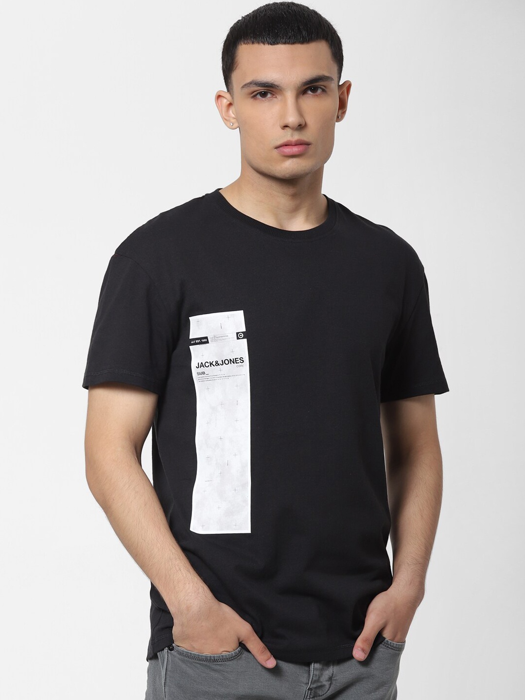 

Jack & Jones Men Black Printed Round Neck T-shirt