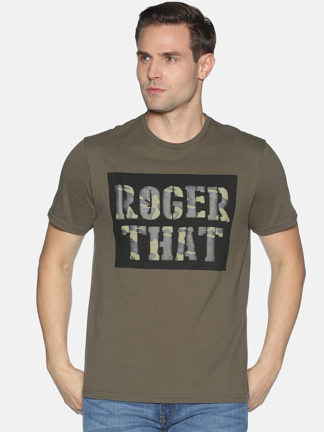 

UrGear Men Olive Green Printed Round Neck Cotton Pure Cotton T-shirt