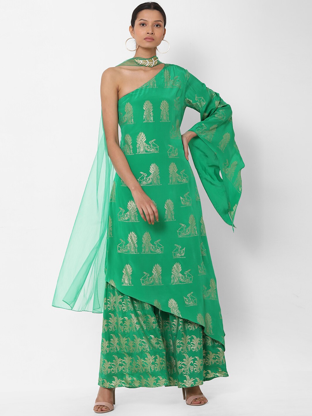 

Masaba Women Green Printed Kurta with Sharara & Dupatta