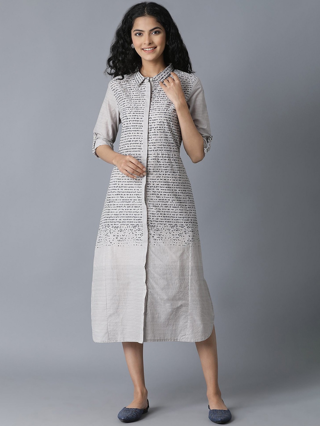 

W Women Printed Shirt Cotton Dress, Grey