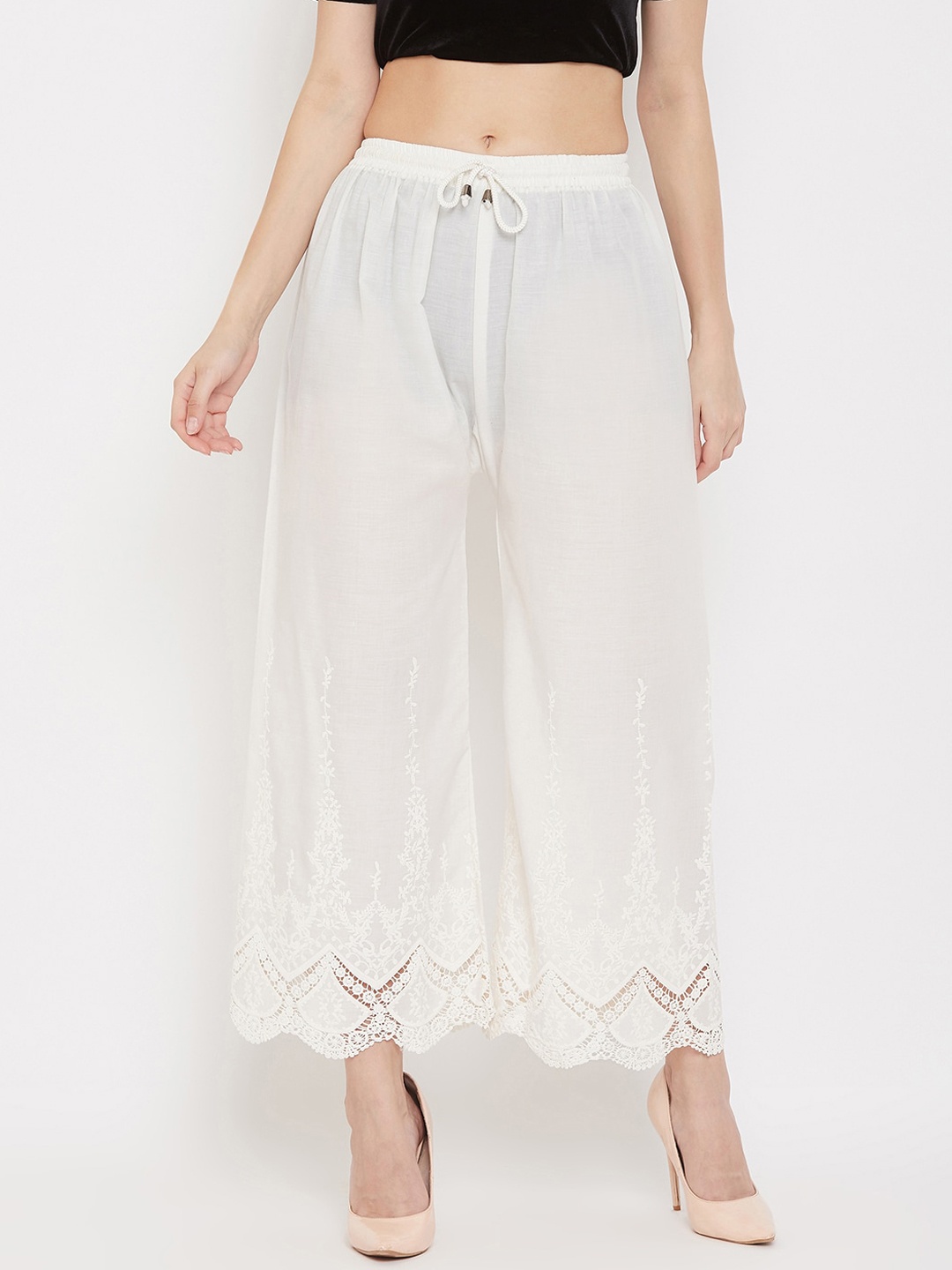 

Clora Creation Women Cream-Coloured Hem Design Wide Leg Palazzos