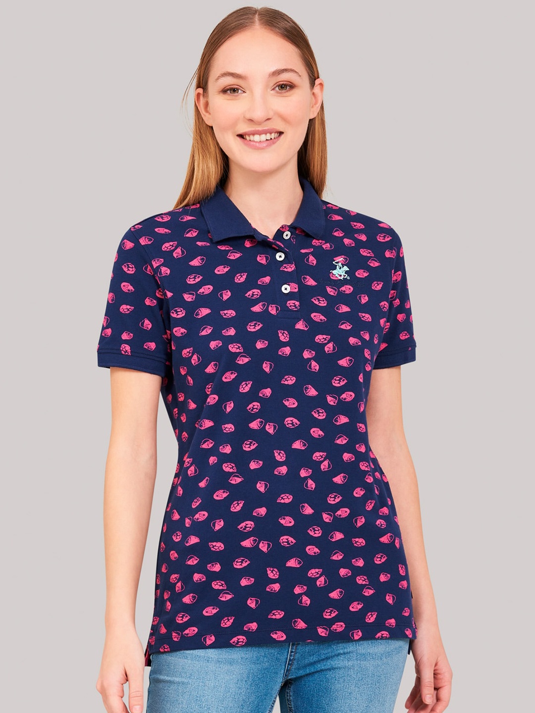 

Beverly Hills Polo Club Women Blue Printed Polo Collar T-shirt