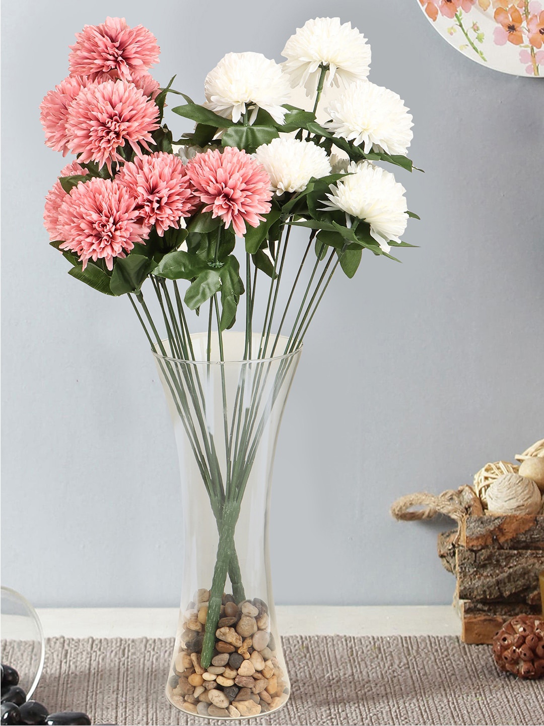 

TIED RIBBONS Set of 2 Artificial Flower Bunches With Glass Vase, White