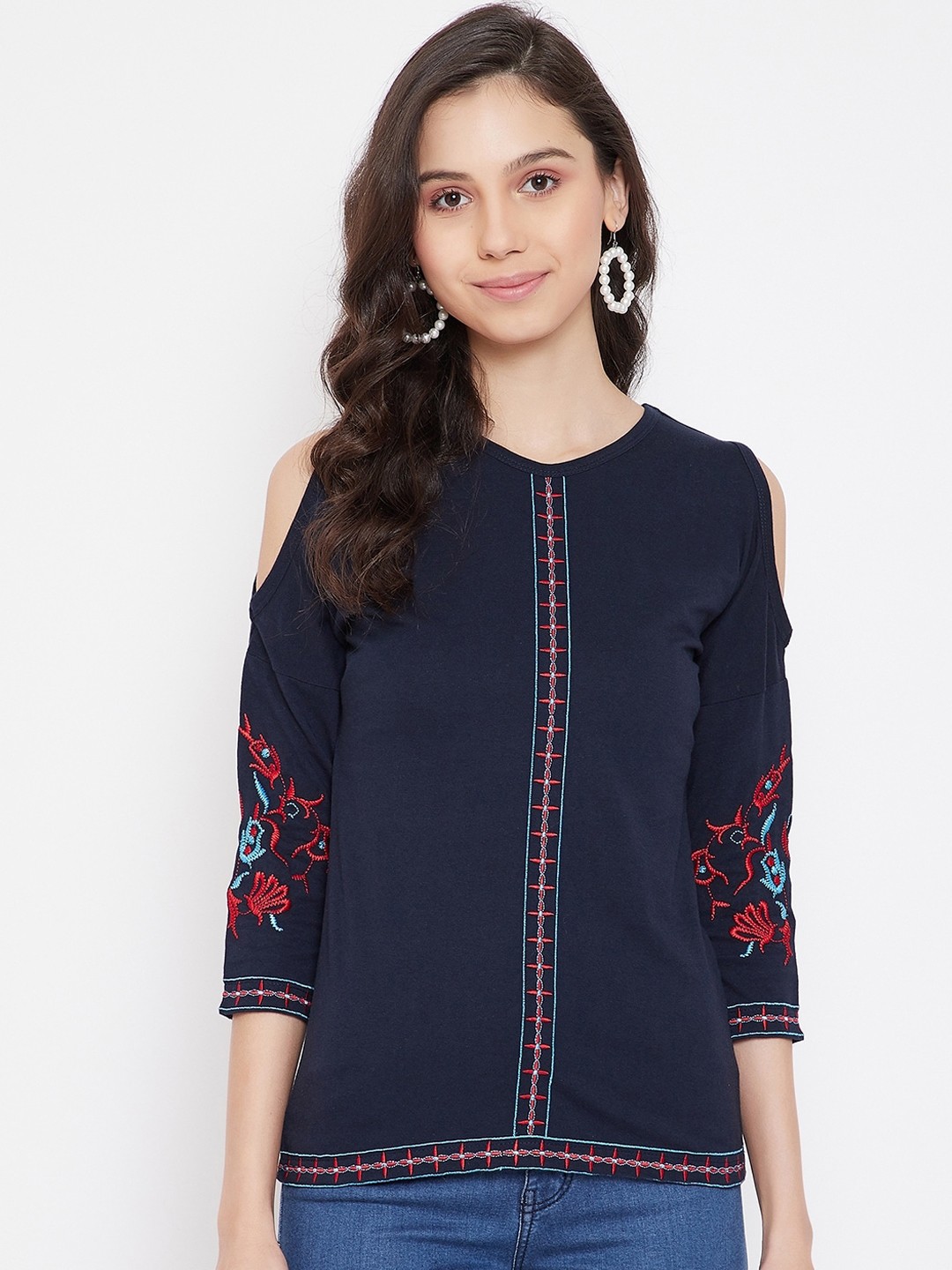 

Hypernation Women Navy Blue Embroidered Round Neck Cotton Pure Cotton T-shirt