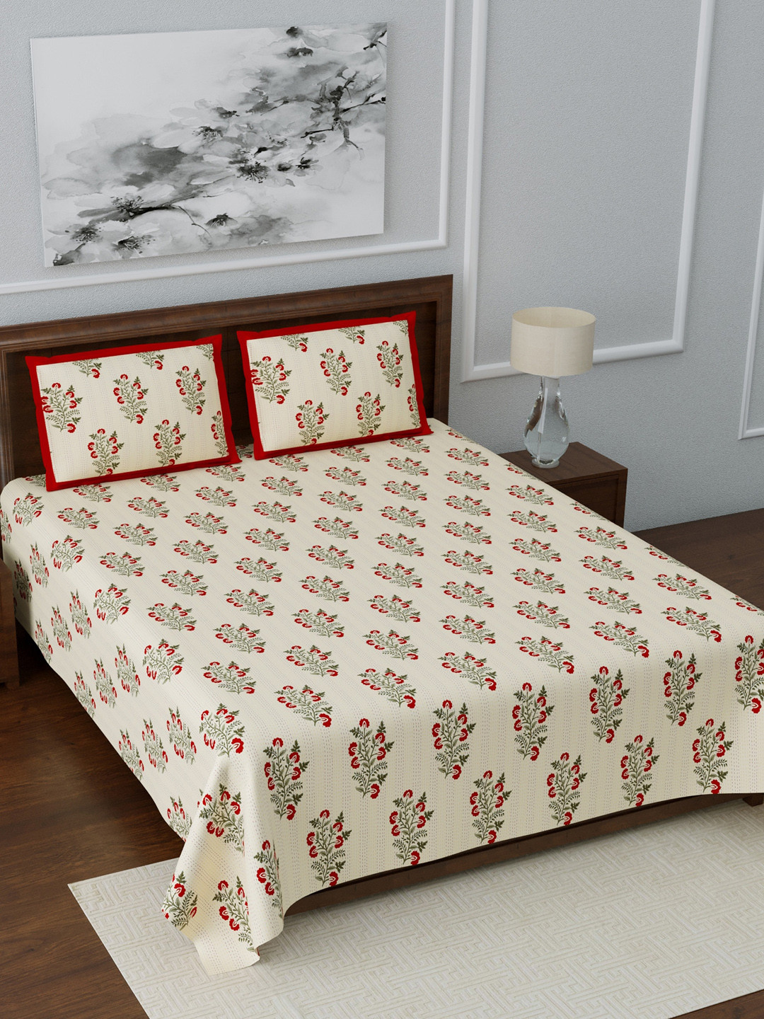 

LIVING ROOTS Cream & Red Ethnic Motifs 210 TC Cotton King Bedsheet with 2 Pillow Covers