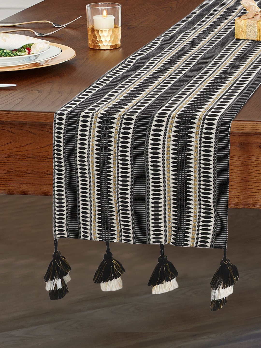 

Mezposh Black & White Embroidered 6-Seater Table Runner with Tassels