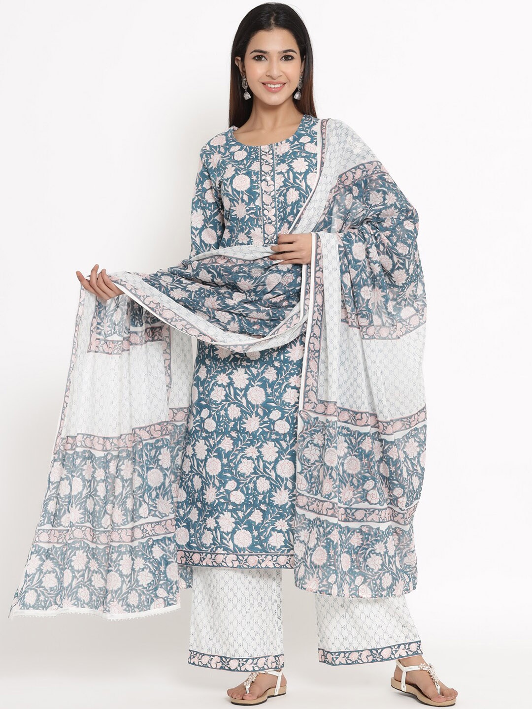

kipek Women Blue & White Printed Kurta with Palazzos & Dupatta