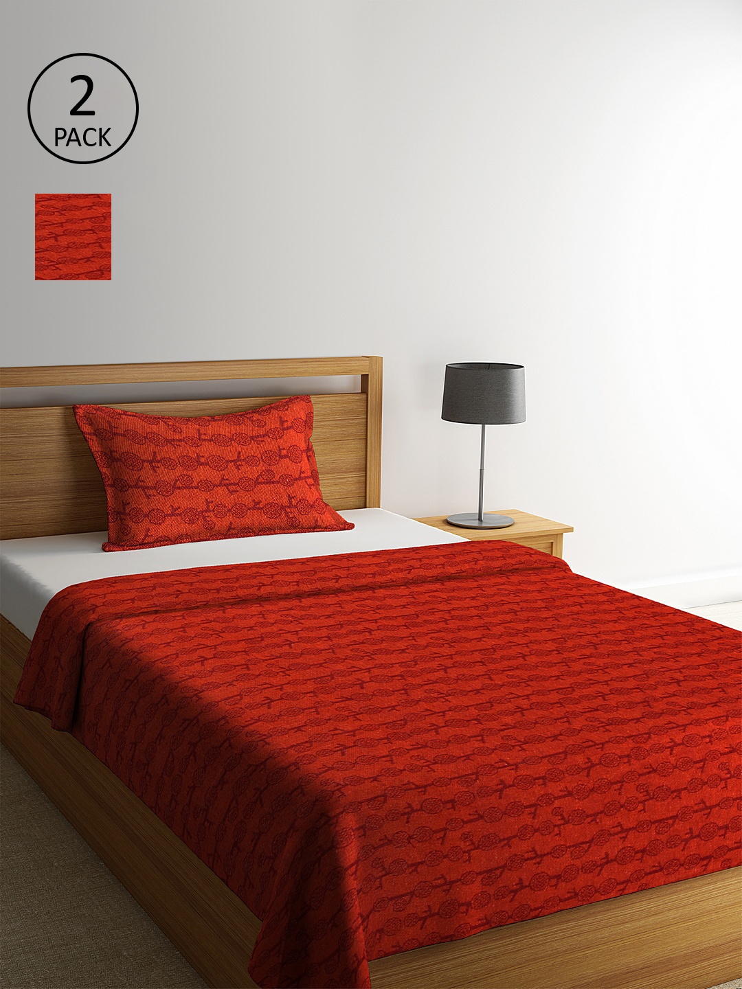 

KLOTTHE Set Of 2 Geometric Printed Single Bed Cover With 2 Pillow Cover, Red