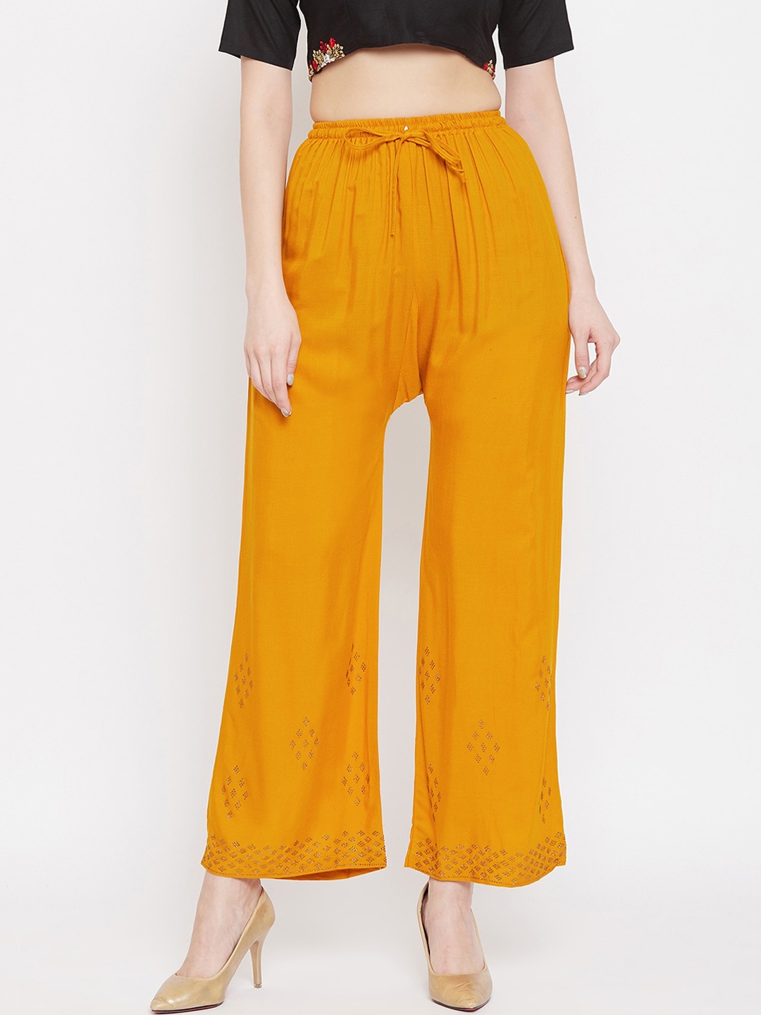 

Clora Creation Women Mustard Yellow Embellished Straight Palazzos