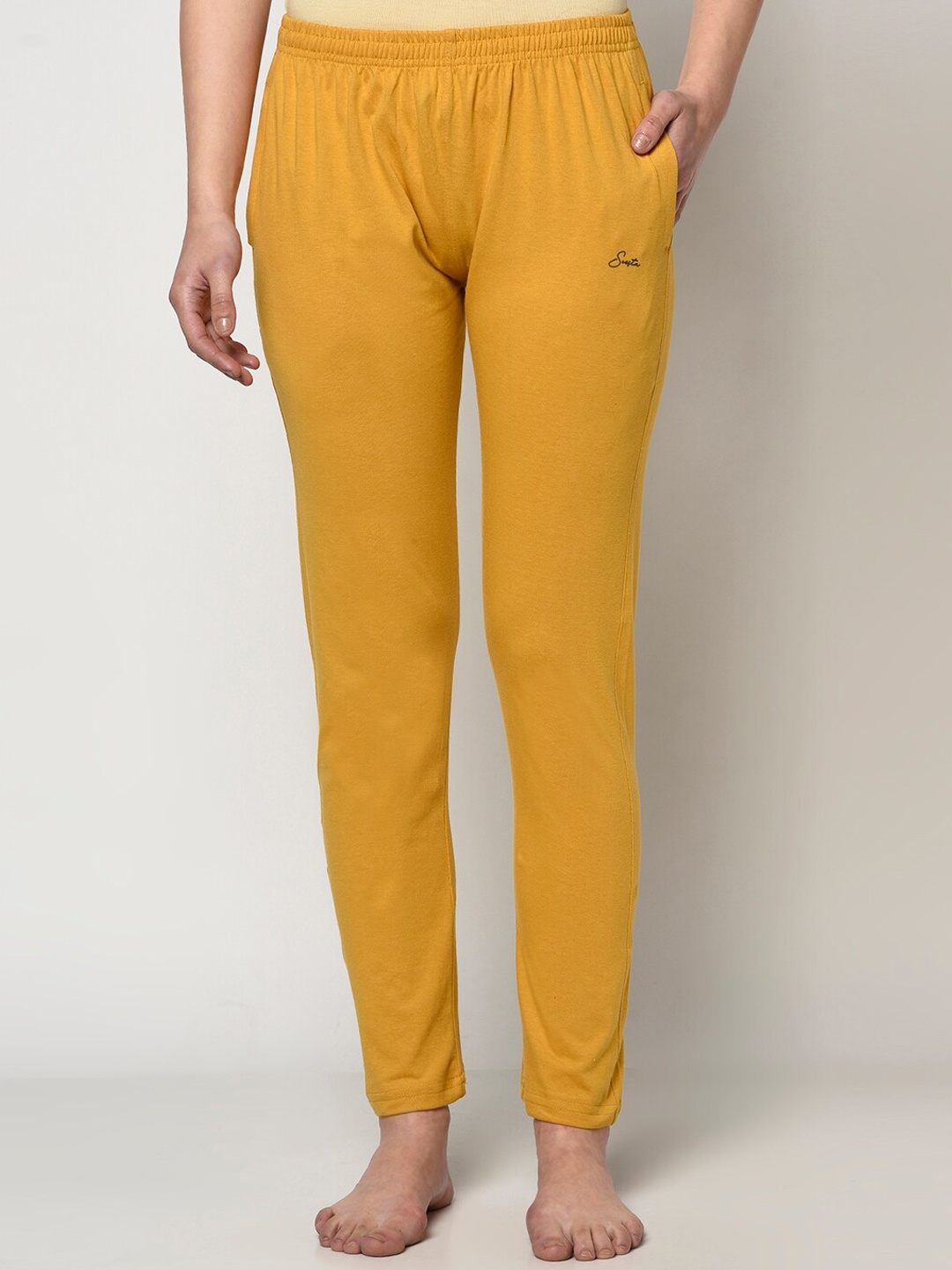 

FABNEST Women Mustard Yellow Solid Sustainable Lounge Pants