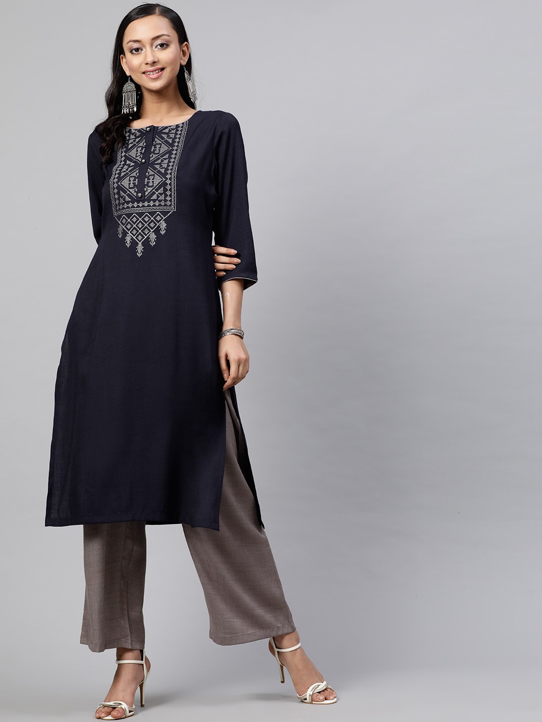 STREET 9 Women Navy Blue & Grey Yoke Design Kurta with Palazzos
