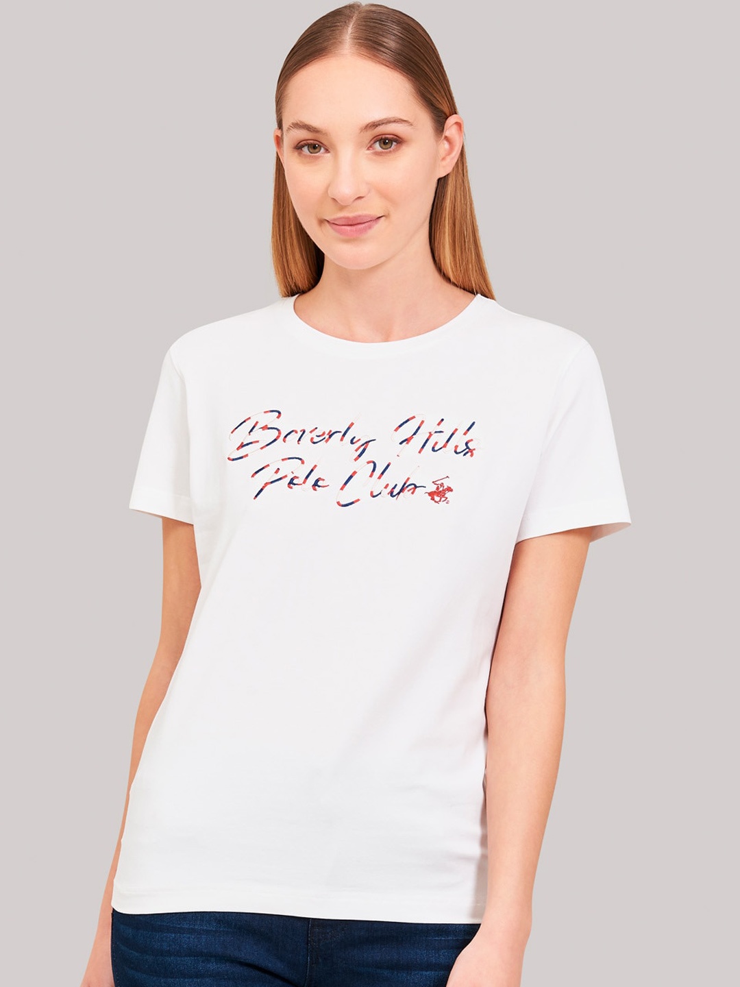 

Beverly Hills Polo Club Women White Printed Round Neck T-shirt