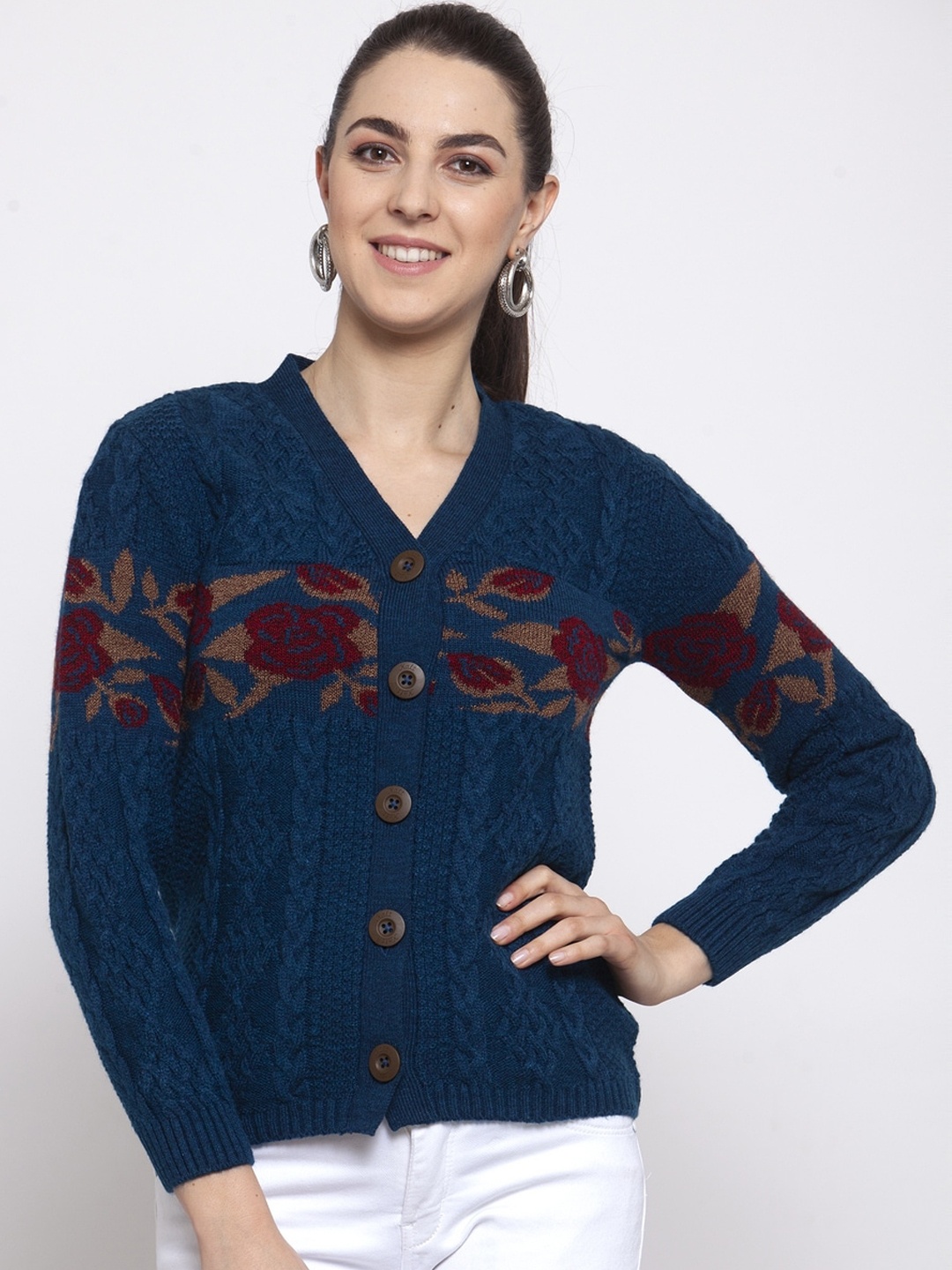 

Kalt Women Teal Self Design Cardigan Sweater