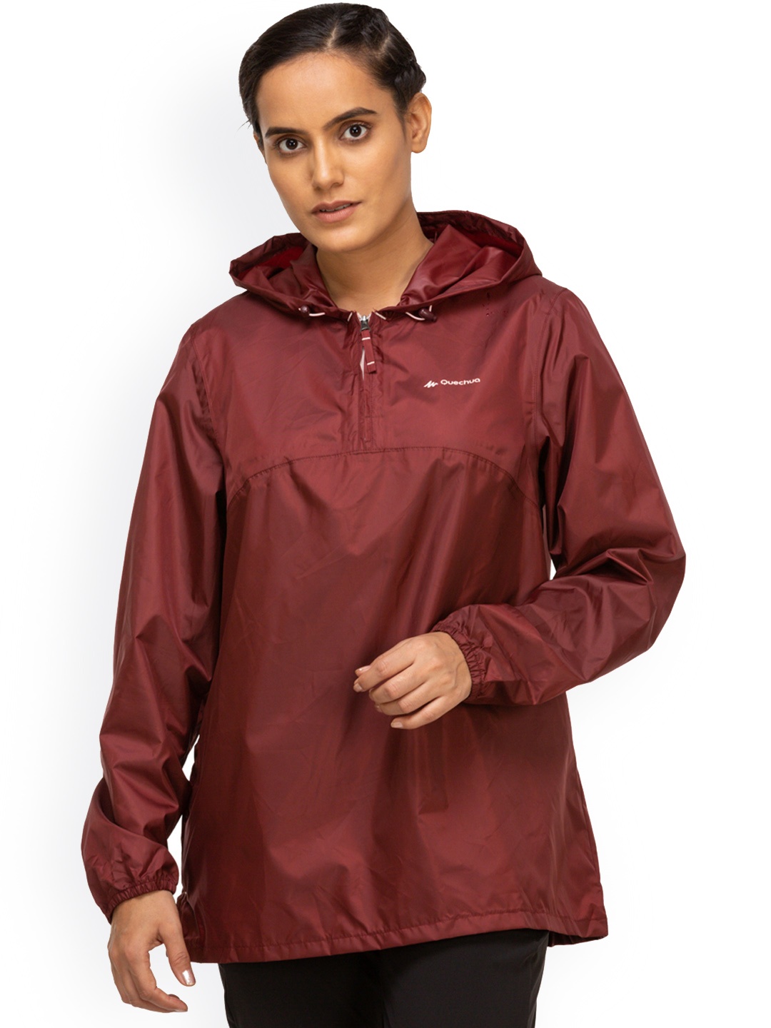Quechua By Decathlon Women Maroon Compact Half Zip Waterproof Rain Jacket