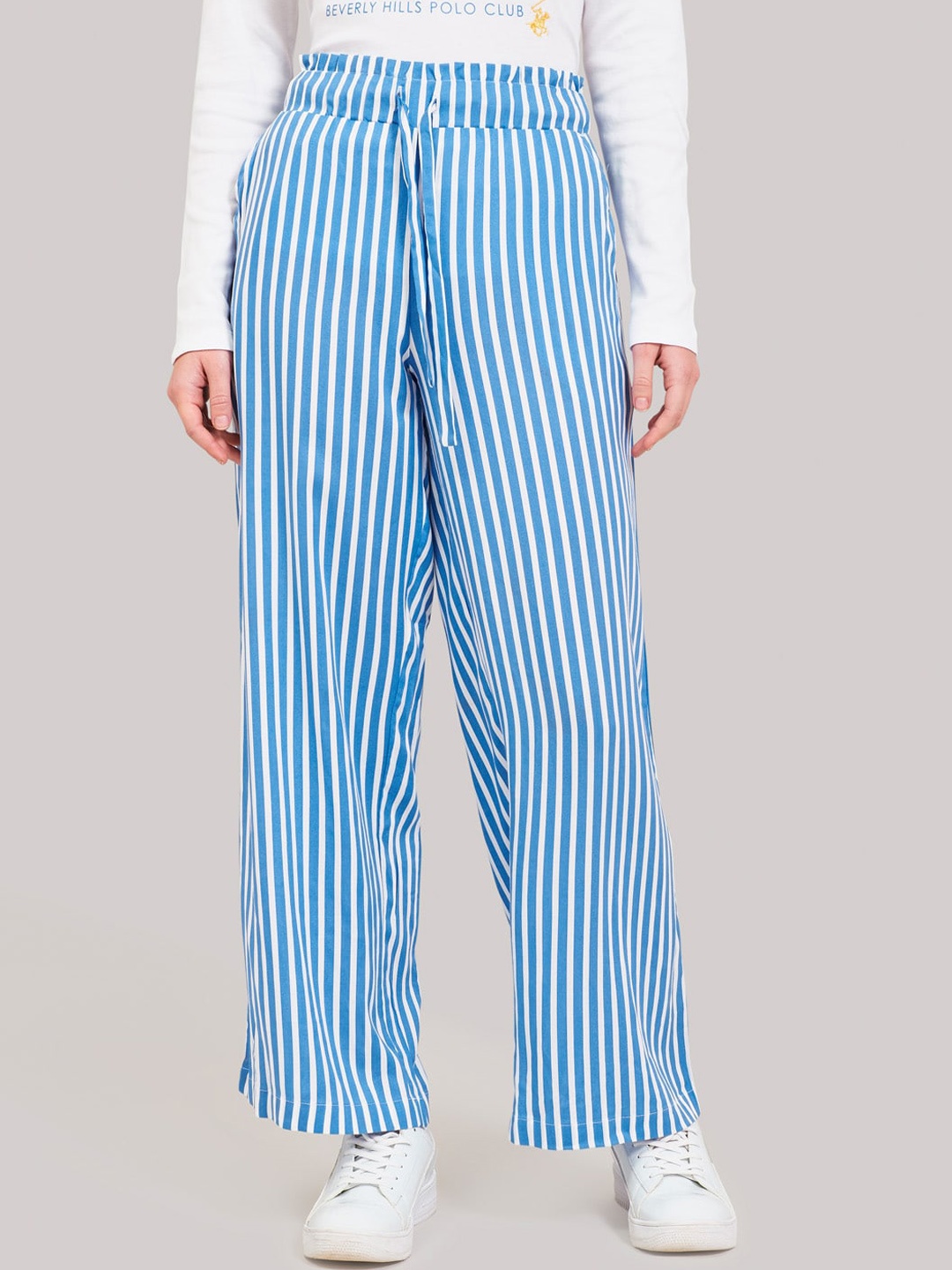 

Beverly Hills Polo Club Women Blue & White Regular Fit Striped Parallel Trousers