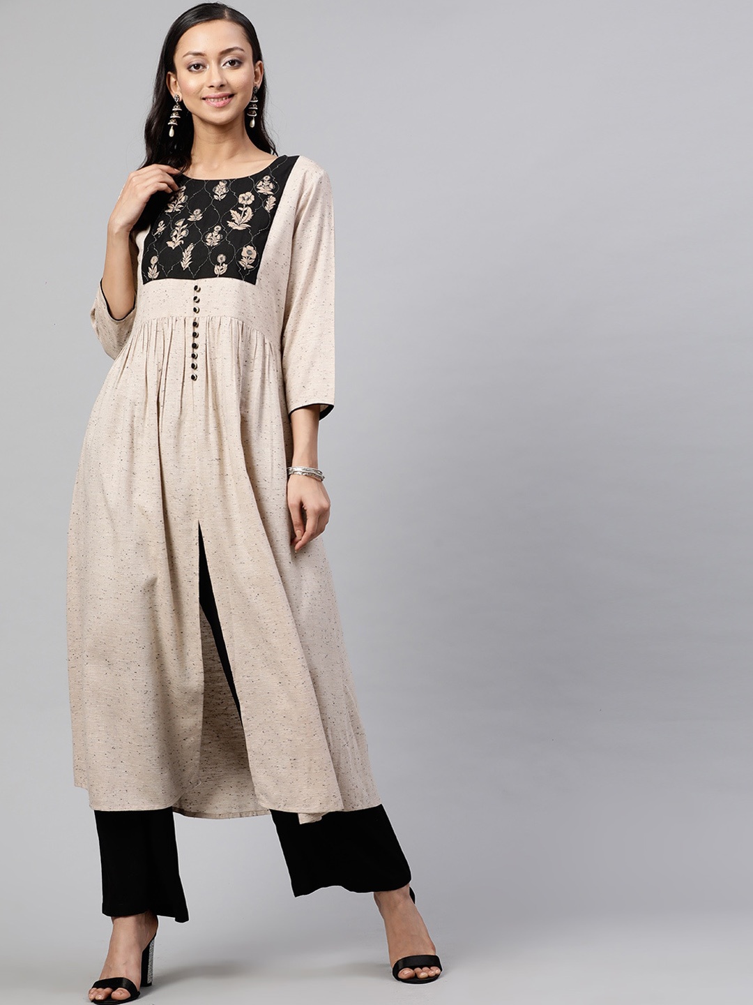 

STREET 9 Women Beige & Black Embroidered Kurta with Trousers