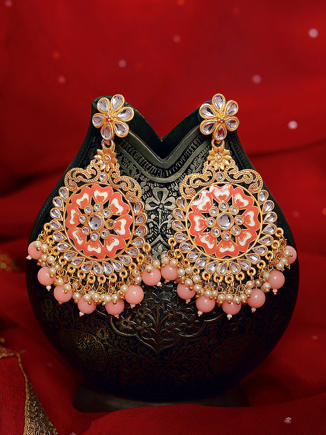 

Yellow Chimes Gold-Plated & Peach-Coloured Classic Chandbali Earrings