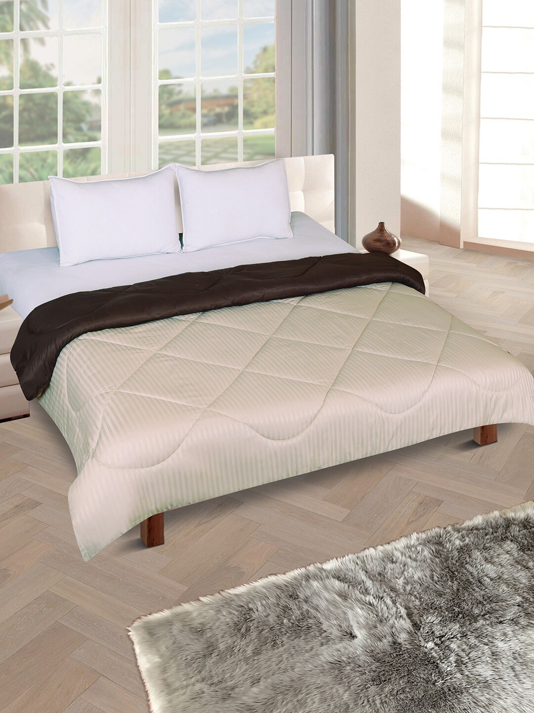 

ROMEE Cream-Coloured & Brown Striped AC Room 200 GSM Double Bed Comforter