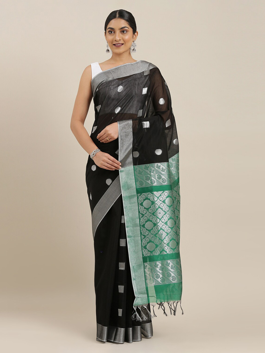

The Chennai Silks Black & Green Silk Cotton Woven Design Maheshwari Saree