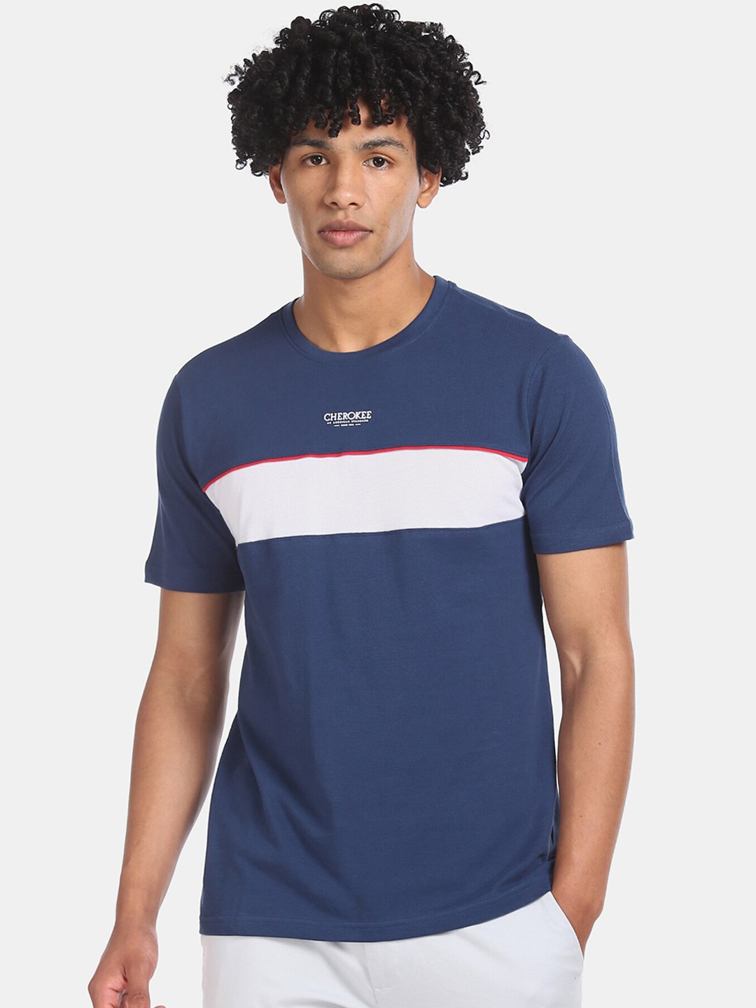 

Cherokee Men Navy Blue White Colourblocked Round Neck Cotton Pure Cotton T-shirt