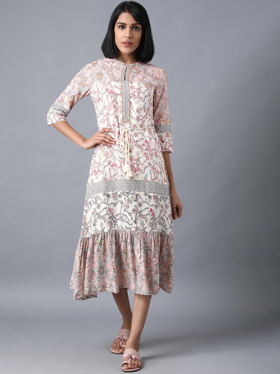 

W Beige Floral Printed A-Line Dress