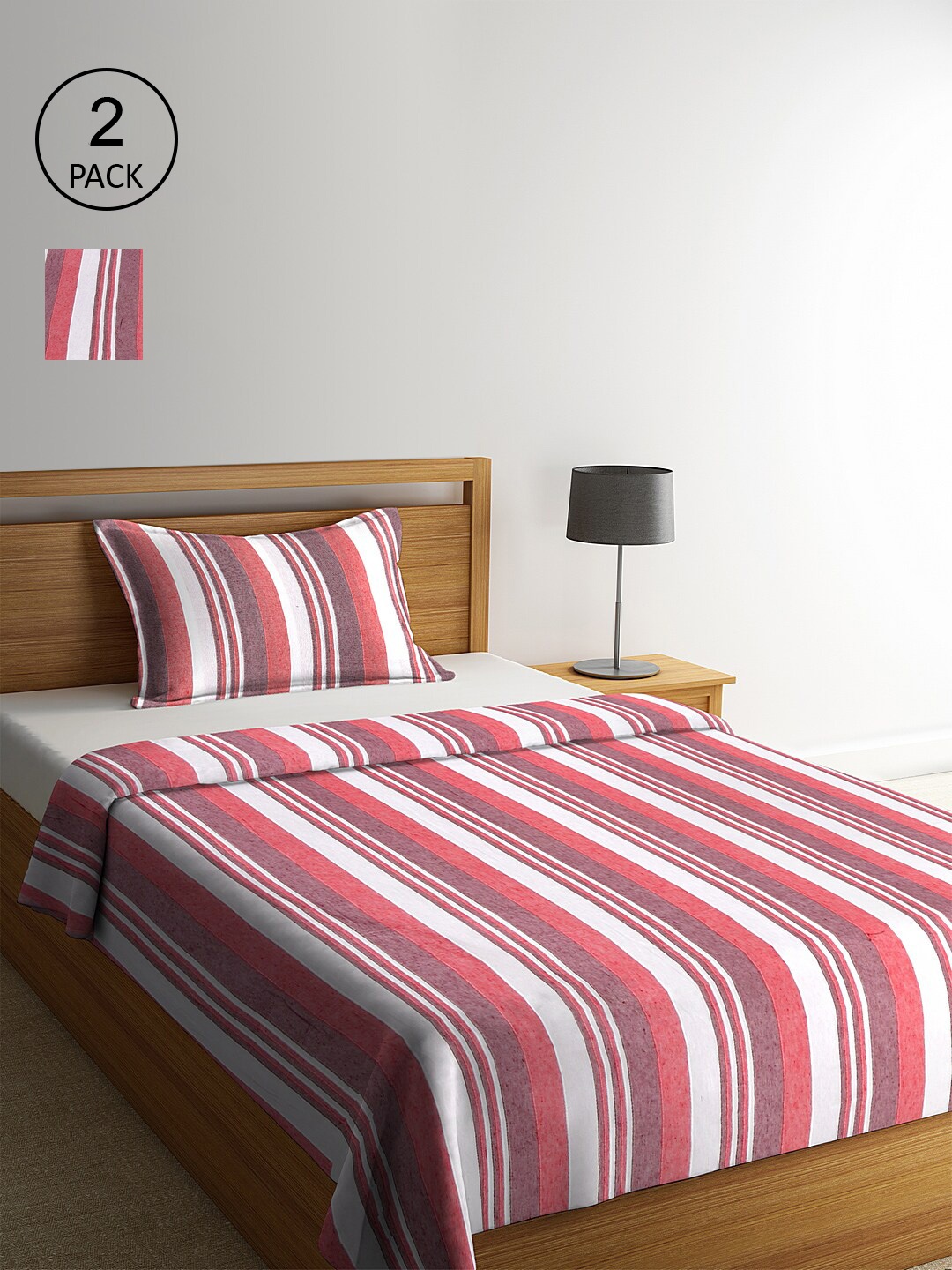 

KLOTTHE Set Of 2 Pink & Brown Striped Single Bed Covers With 2 Pillow Covers