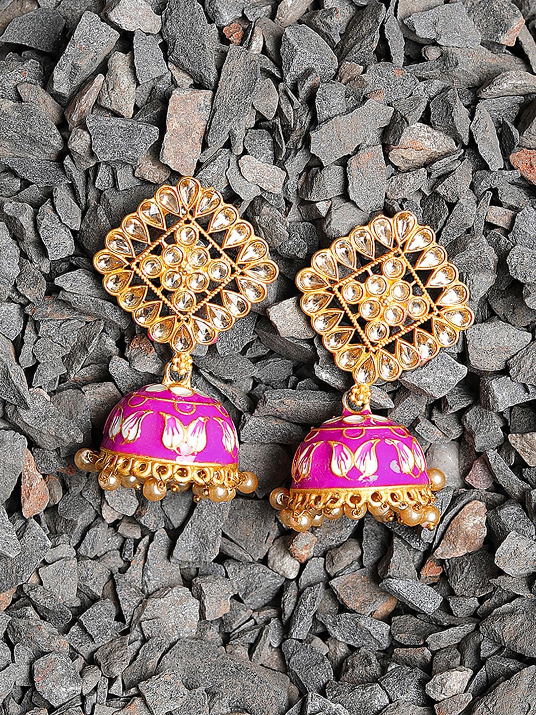 

Yellow Chimes Pink Gold-Plated Meenakari Handcrafted Dome Shaped Jhumkas