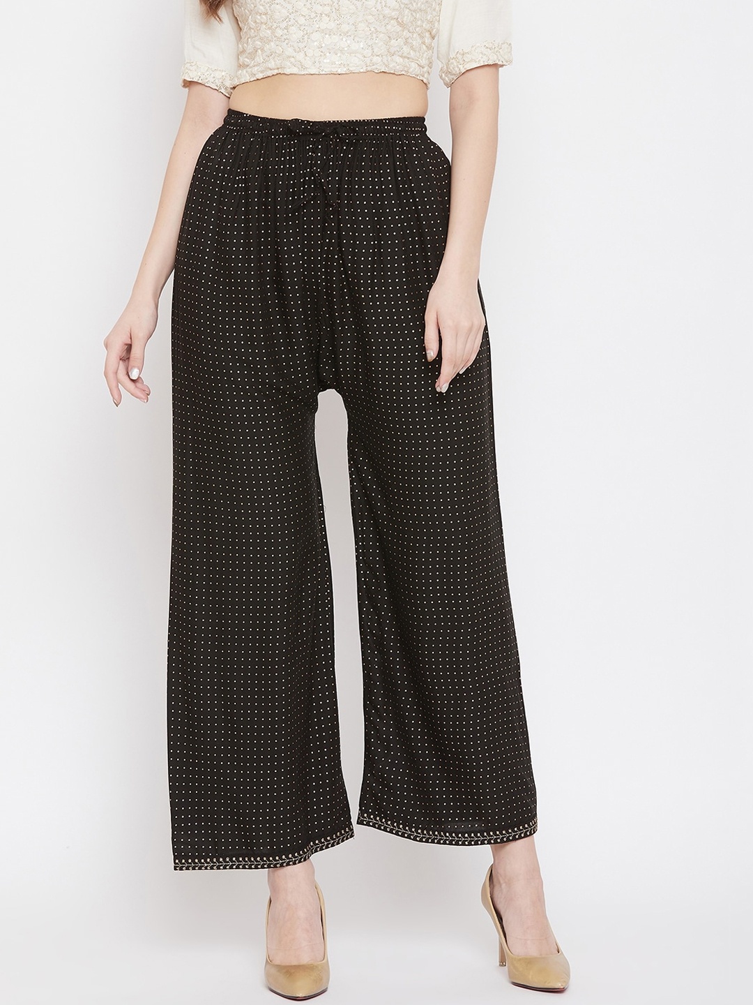 

Clora Creation Women Black & Gold-Toned Printed Wide Leg Palazzos