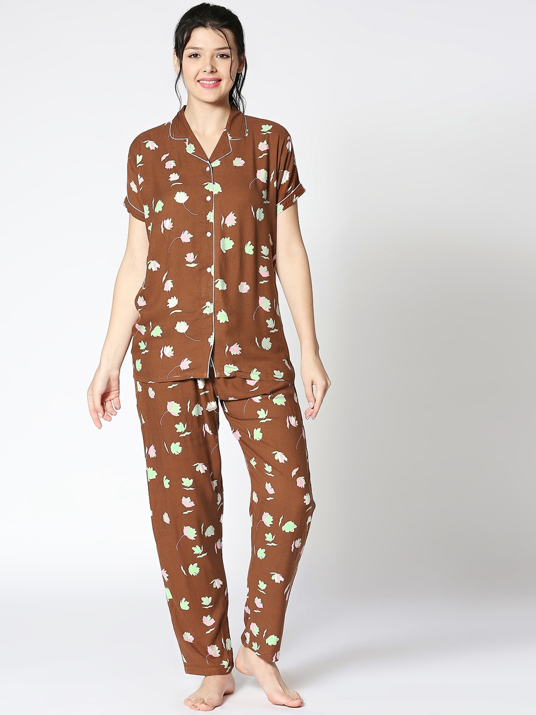

Zeyo Women Brown Printed Night suit
