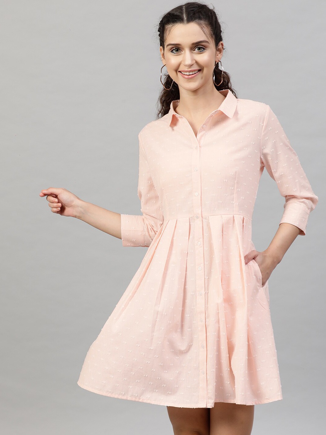 

STREET 9 Women Peach-Coloured Solid Shirt Dress