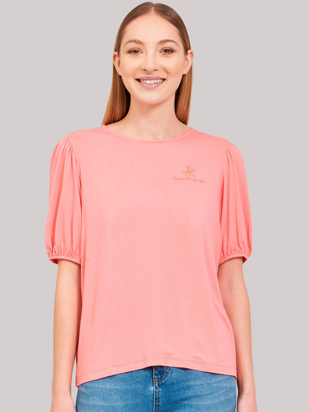 

Beverly Hills Polo Club Women Pink Solid Boat Neck T-shirt