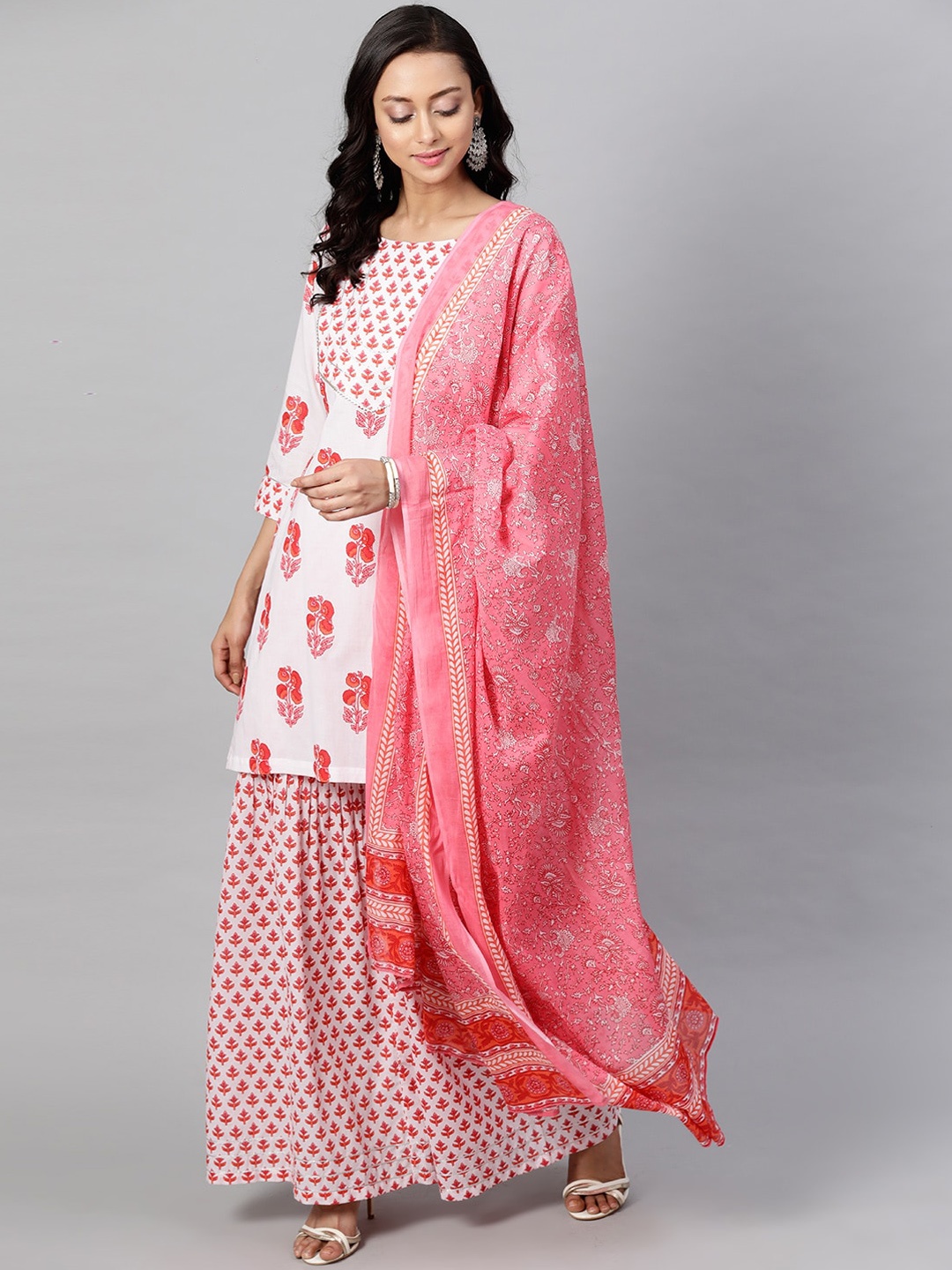 

STREET 9 Women White & Pink Printed Kurta with Skirt & Dupatta
