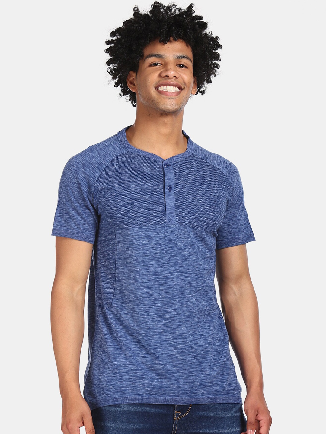 

Cherokee Men Blue Self Design Henley Neck T-shirt