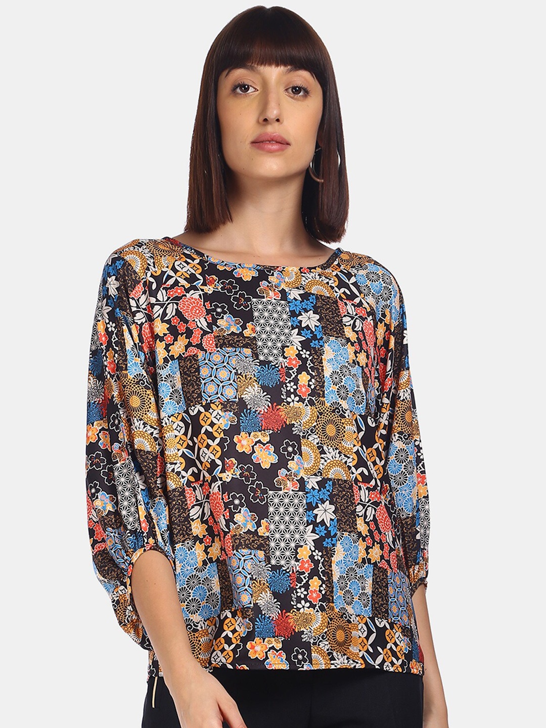 

Cherokee Black Printed Bishop Sleeves Regular Top
