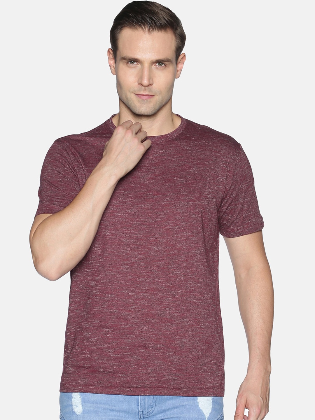 

UrGear Men Burgundy Self Design Cotton Round Neck Pure Cotton T-shirt