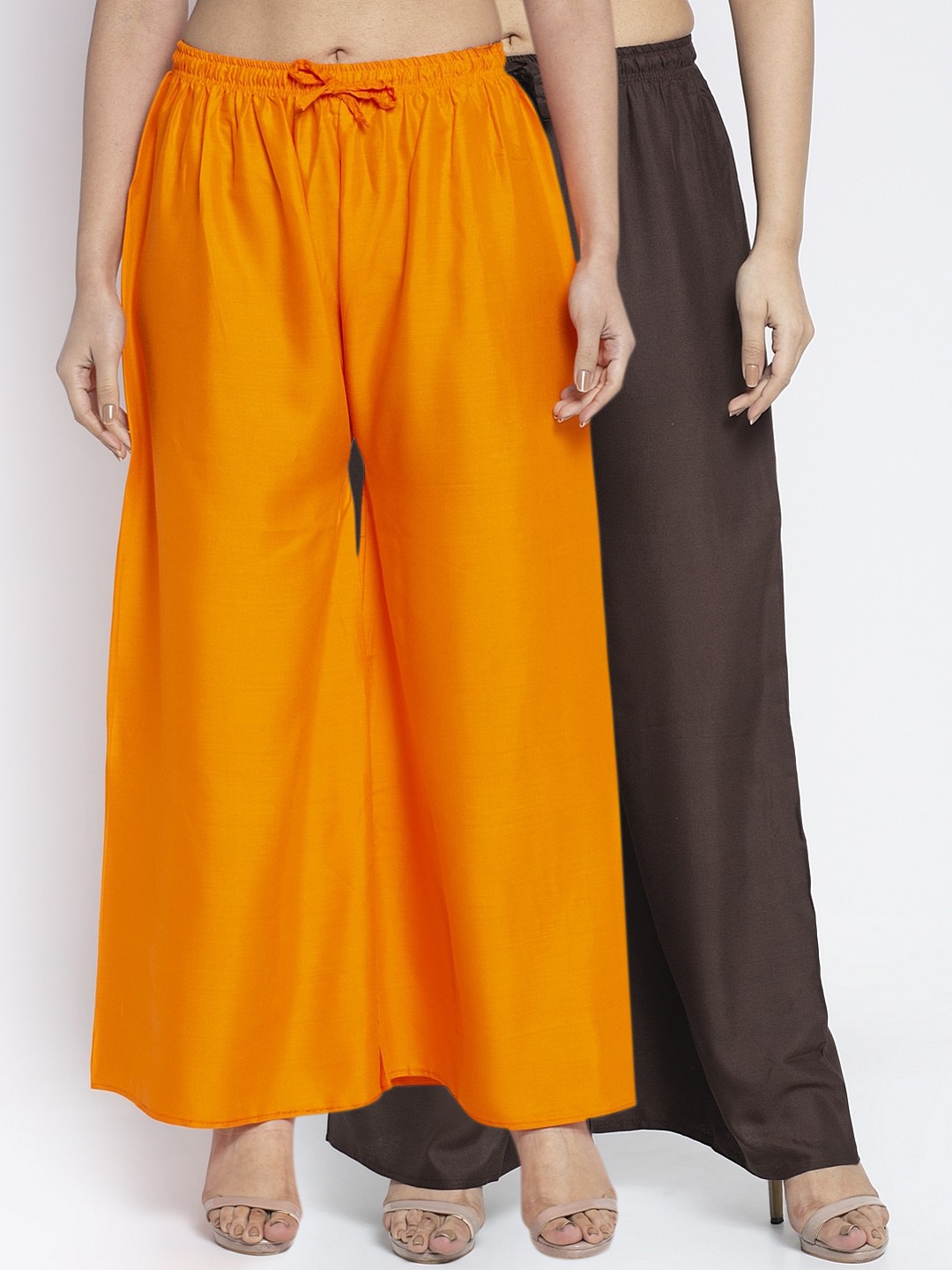 

GRACIT Women Pack of 2 Orange & Coffee Brown Solid Wide Leg Palazzos
