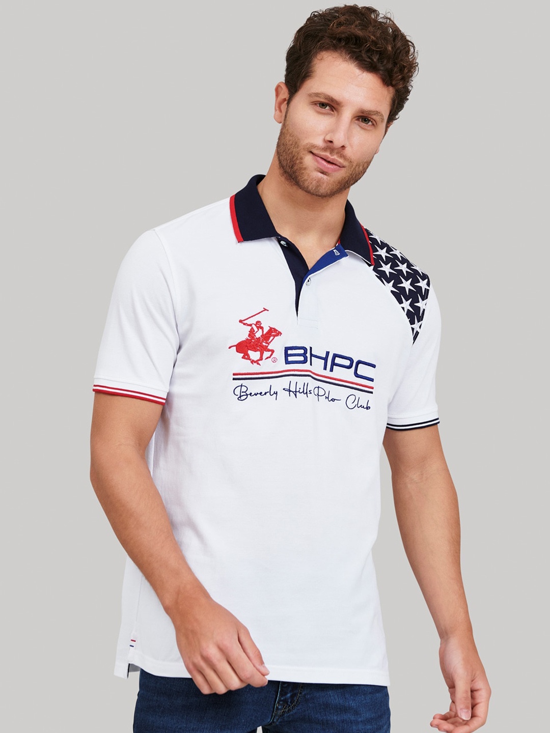 

Beverly Hills Polo Club Men White Printed Polo Collar T-shirt