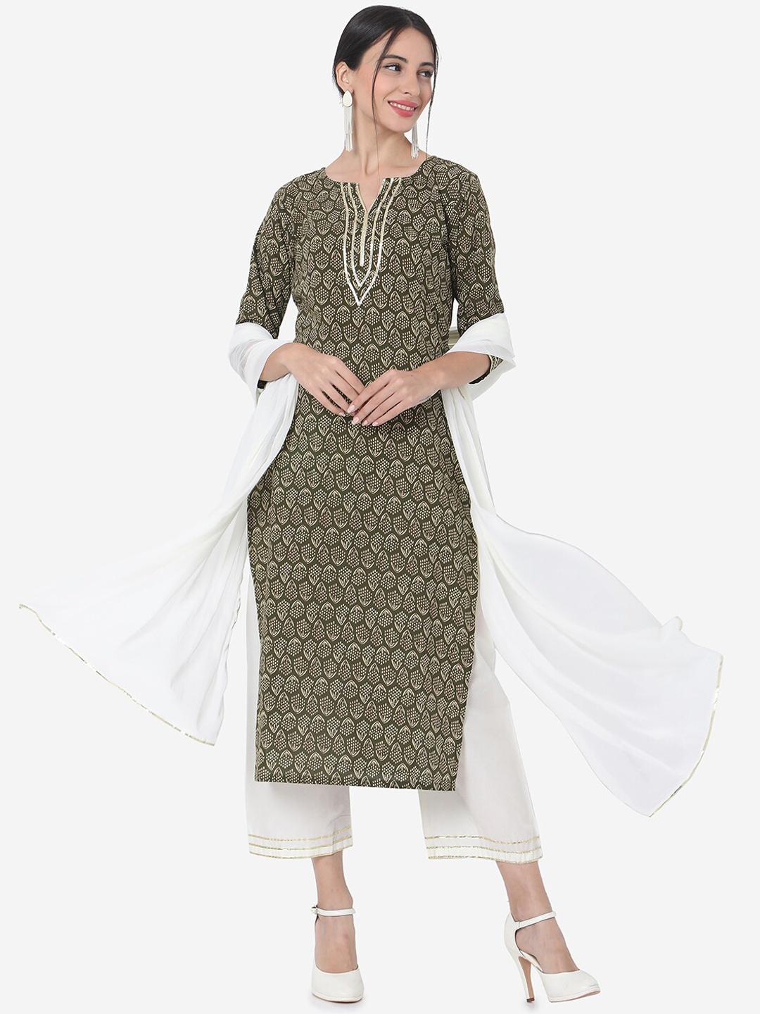 

Saanjh Women Green & White Printed Kurta with Palazzos & Dupatta