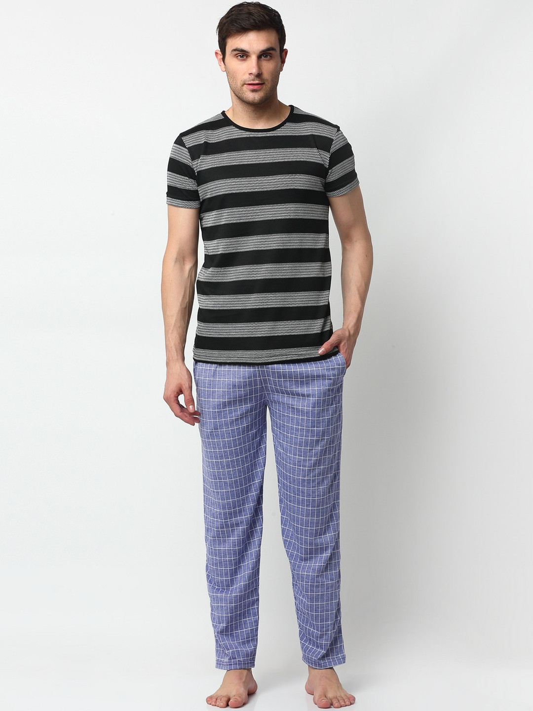 

VIMAL JONNEY Men Black & Grey Striped Night Suit