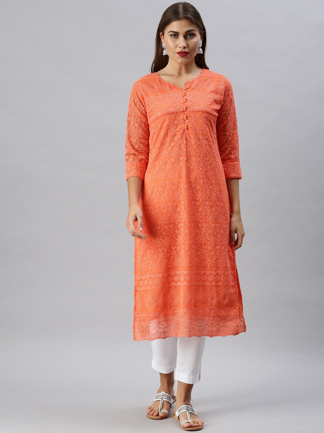 

Soch Women Orange Woven Design Thread Work Georgette Kurta