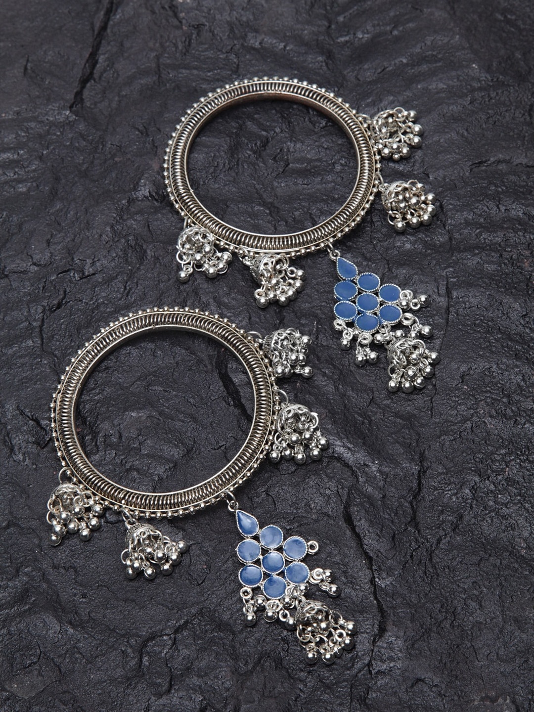 

PANASH Set of 2 Oxidised Silver-Plated Blue Dangler Bangles