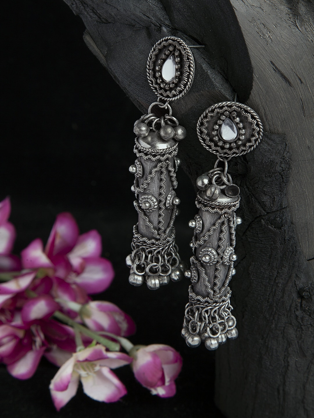 

Moedbuille Handcrafted Temple Tribal Design Oxidised Silver Plated Jhumkas