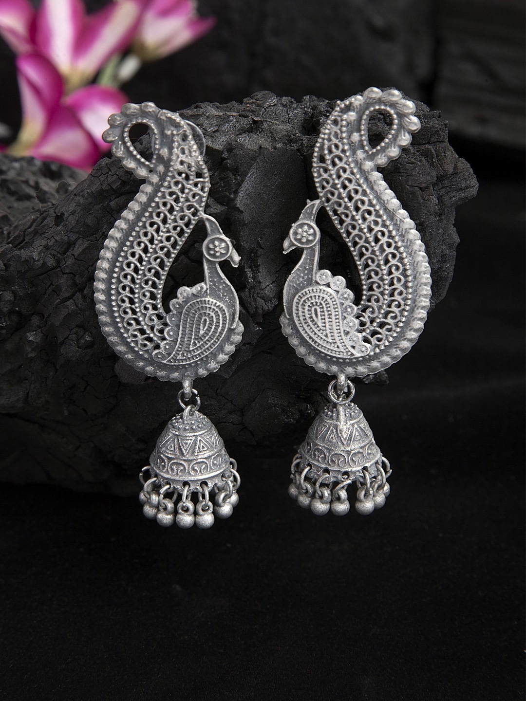 

Moedbuille Silver-Toned Peacock Shaped Jhumkas