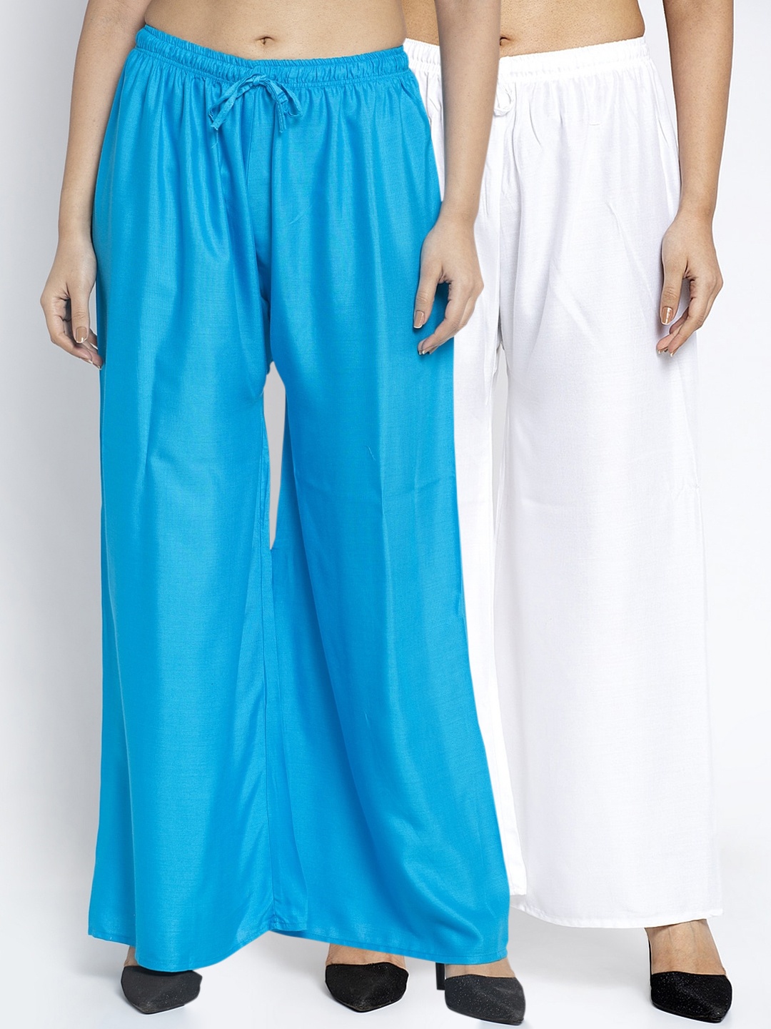 

GRACIT Women White & Blue Set of 2 Solid Wide Leg Palazzos