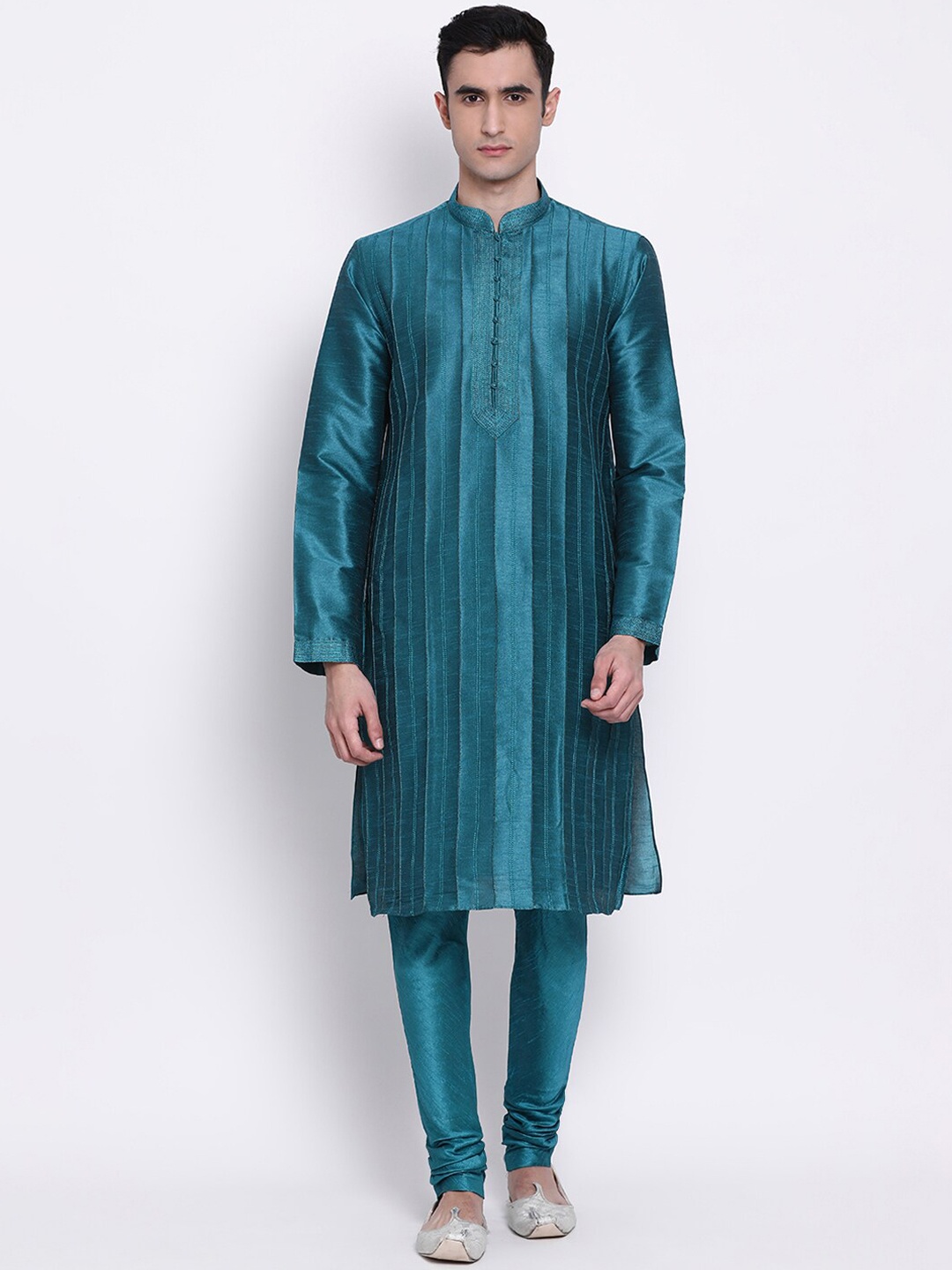 

Sanwara Men Teal Striped Thread Work Kurta