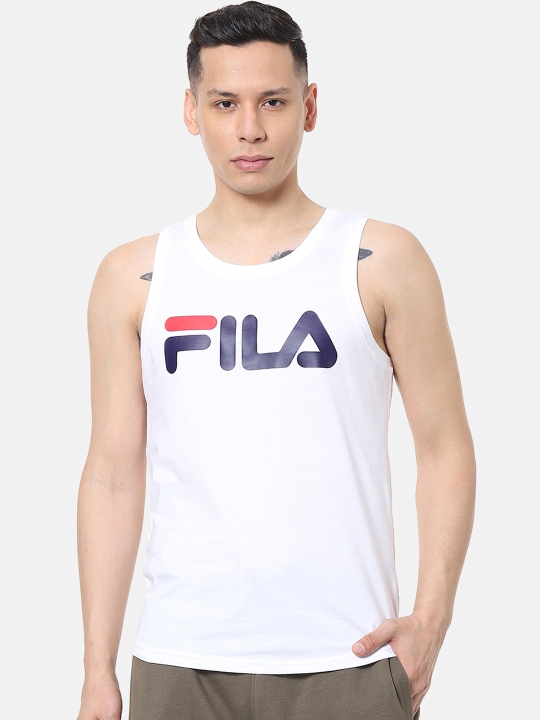 

FILA Men White & Navy Blue Brand Logo Printed Round Neck T-shirt
