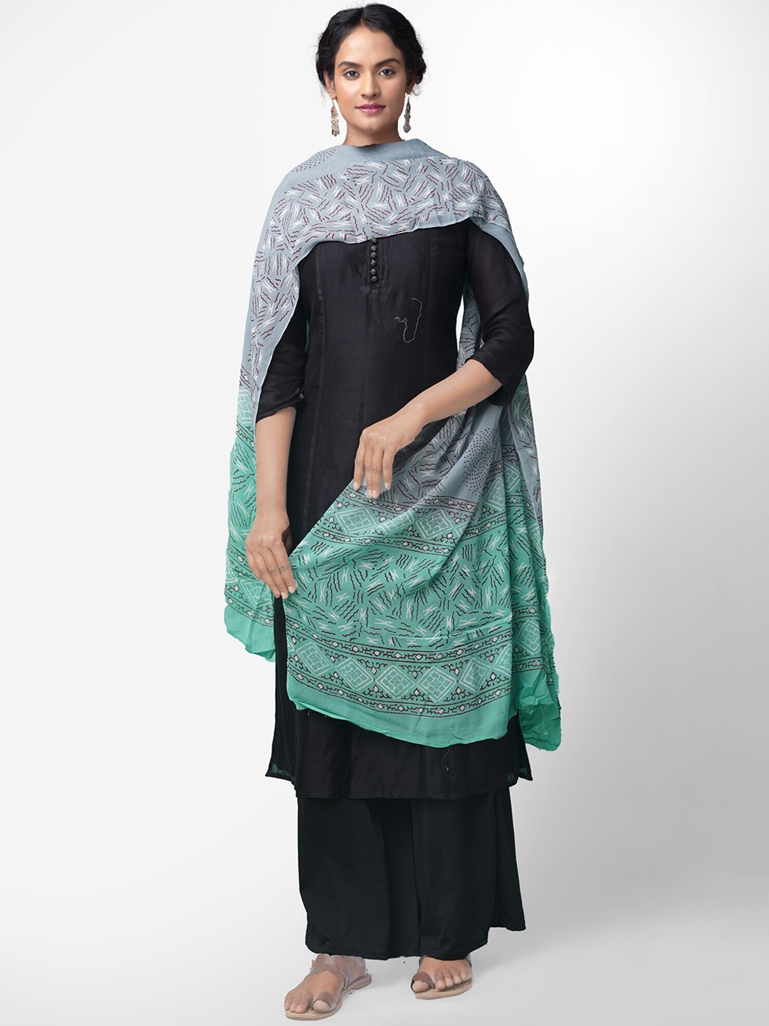 

Unnati Silks Grey & Sea Green Printed Dupatta